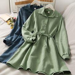 Lemongrass - Corduroy Polo Midi Dress with Sash in 9 Colors Lemongrass - Corduroy Polo Midi Dress with Sash in 9 Colors