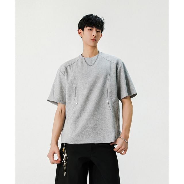 Omozando-Long Sleeve Crew Neck Plain Panel T-Shirt