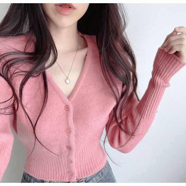 Cloud Nine-V-Neck Plain Crop Cardigan