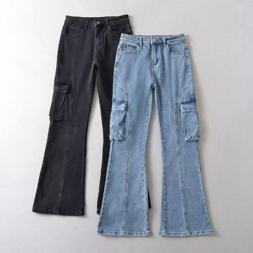 High Waist Washed Flared Cargo Jeans