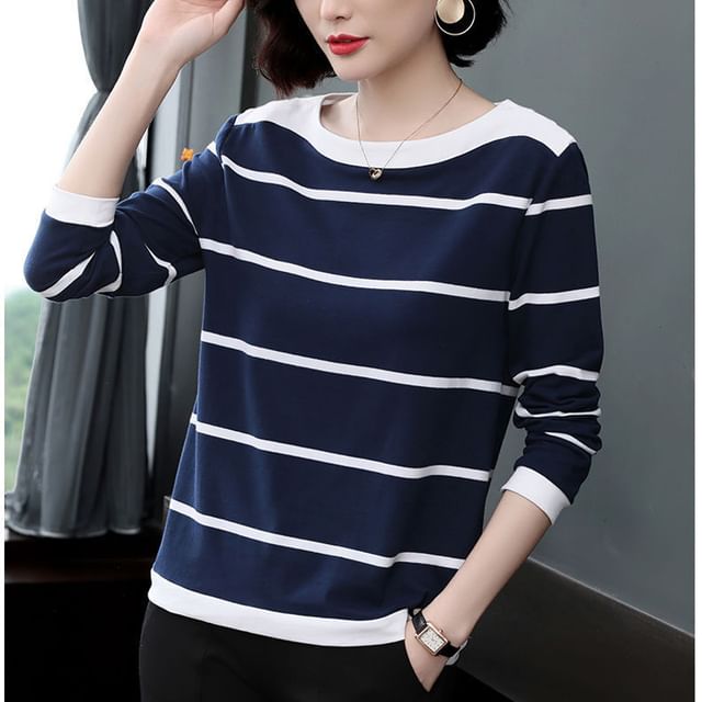Everose-Long-Sleeve Round Neck Striped T-Shirt