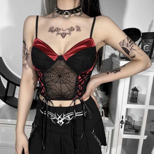 Meadowdrop Spider Web Print Lace Up Cropped Bustier Top Yesstyle 1118