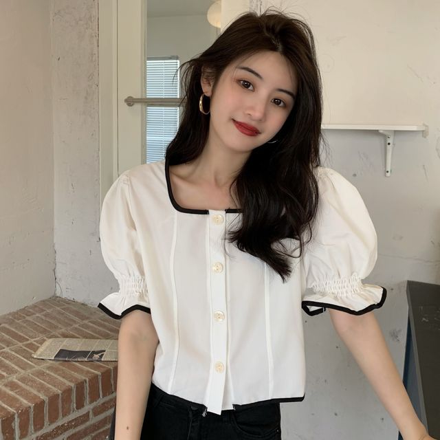 Khanapilla - Short-Sleeve Contrast Trim Blouse | YesStyle