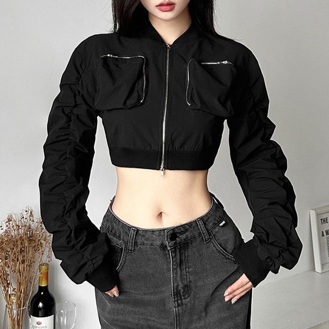 Sugarcoat Plain Zip-Up Crop Cargo Jacket YesStyle