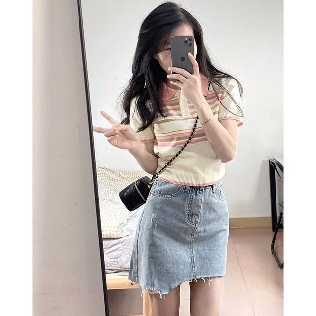 Yunhouse Short-Sleeve Striped Knit Polo Shirt High Rise Washed