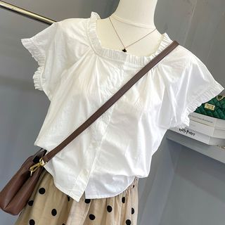 MISSJAND Short Sleeve Ruffle Shirt Dotted Midi A Line Skirt