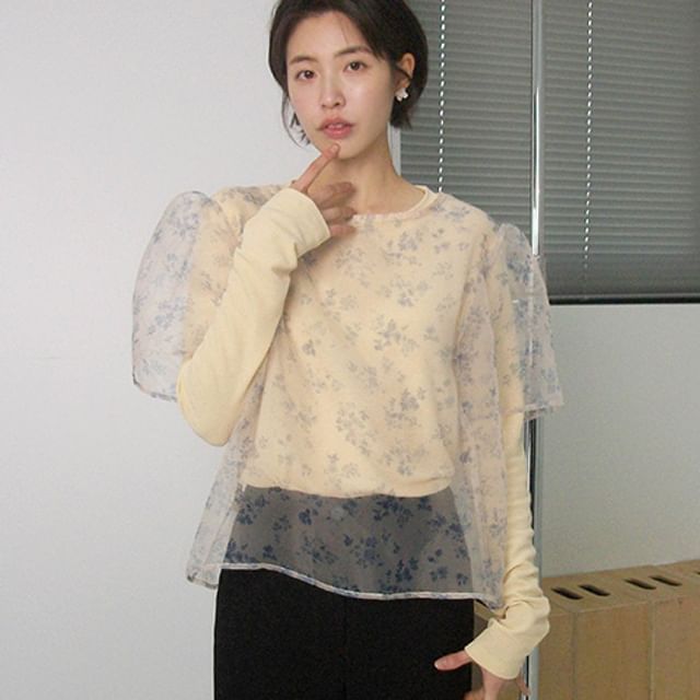 FROMBEGINNING-See-Thru Floral Blouse