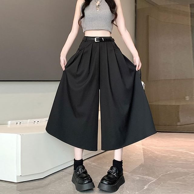 Woohan-High Waist Plain Capri Wide Leg Pants