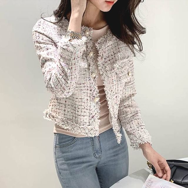 Lewwe-Plaid Fringed Trim Single-Breasted Jacket