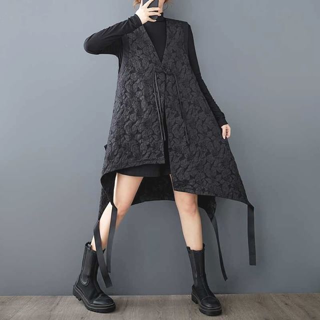 Lewwe-V-Neck Asymmetrical Jacquard Frog Closure Vest