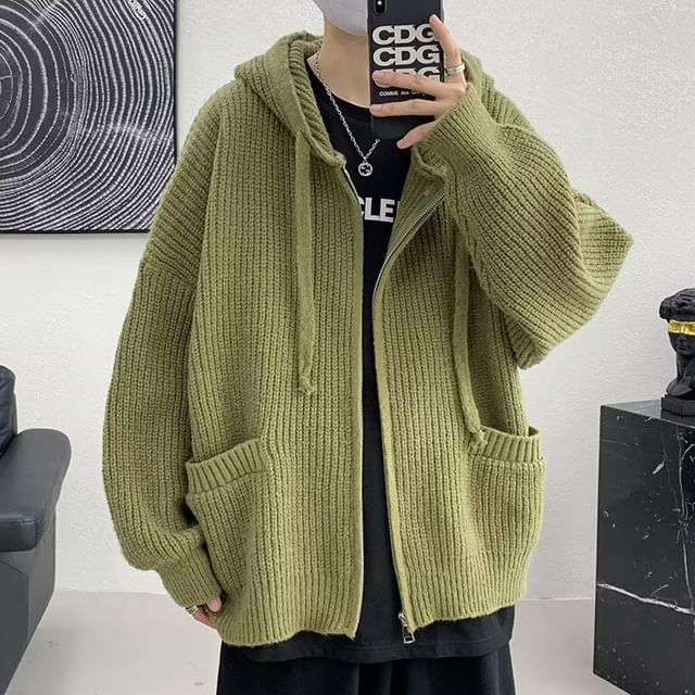 Sinlarity-Plain Hooded Zip Cardigan