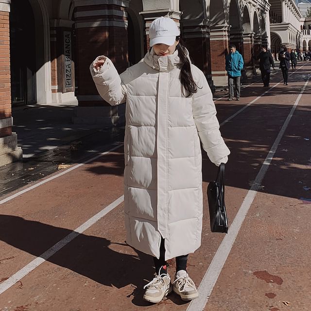 Sienne-Stand Collar Plain Hood Midi Zip Puffer Coat