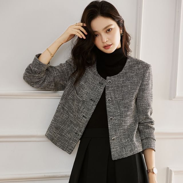 Jeonseon-Round Neck Tweed Button Cropped Jacket