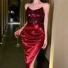 Shacos - Invisible Strap Plain Sequin Panel Ruched Open Back Satin Midi ...