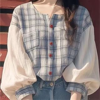 Everose-34-Sleeve Crew Neck Plaid Panel Button Blouse