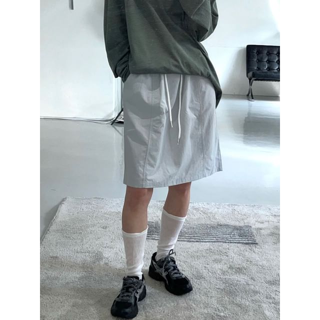 SeoulPop-Drawstring Waist Plain Mini Skirt