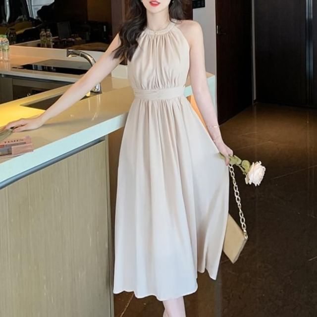 Cossita-Halter Plain Midi A-Line Dress
