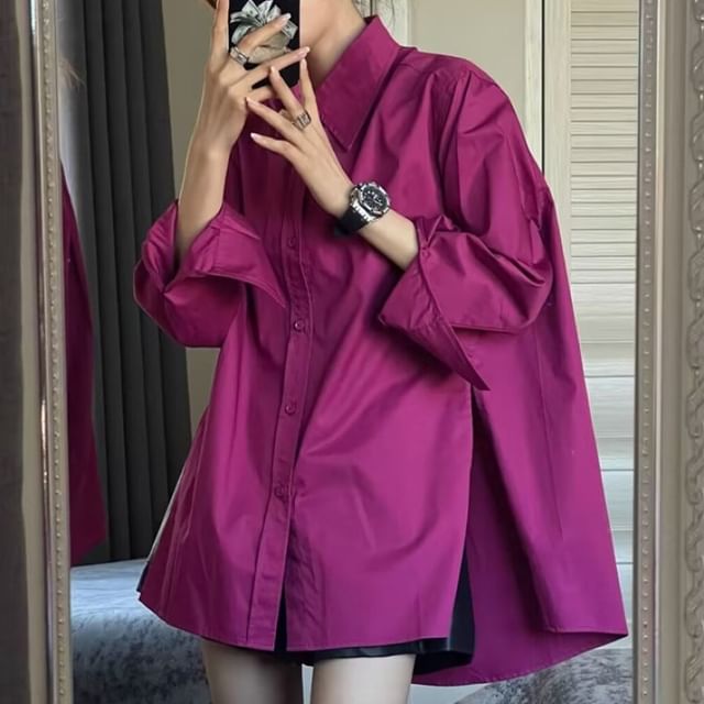 innomori-Long-Sleeve Plain Button-Up Tunic Shirt