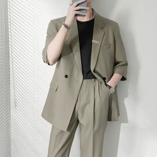 Naideth-Set Lapel Collar Plain Double Breasted Blazer Mid Rise Straight Leg Dress Pants
