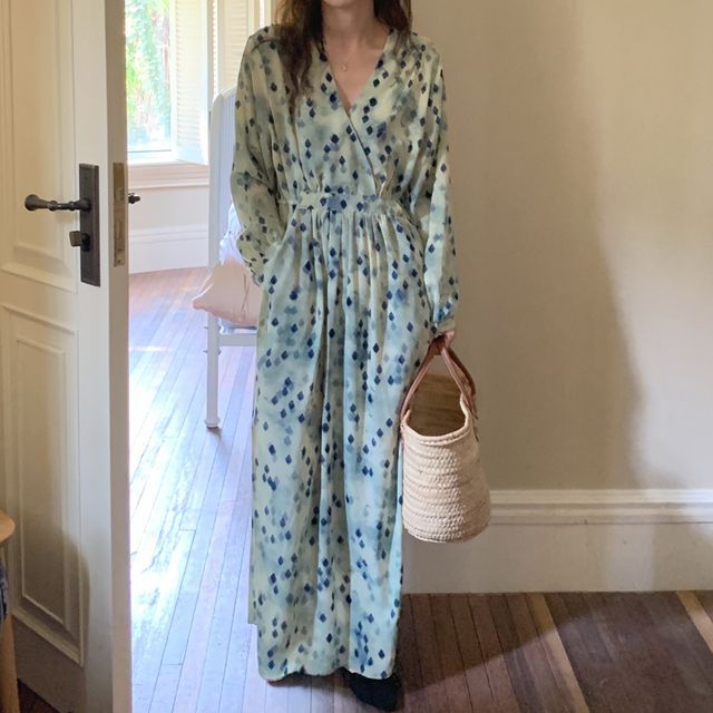 yesstyle long sleeve dress Yilda - Long-Sleeve Square Neck Plain Slit Button Velvet Maxi Sheath Dress