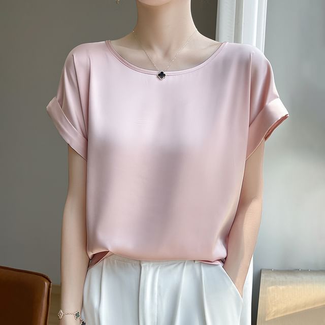 Weelop-Short-Sleeve Round Neck Plain Blouse
