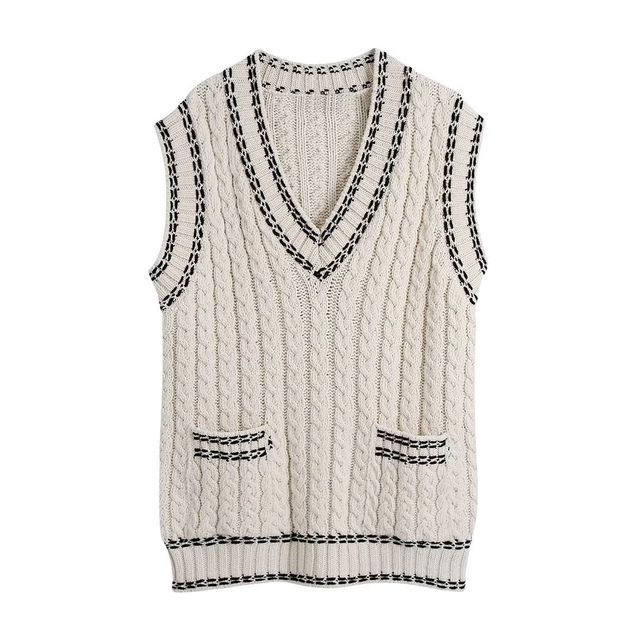 Rachatte V-Neck Contrast Trim Cable Knit Sweater Vest YesStyle