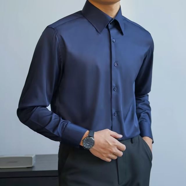 Urtishia-Long-Sleeve Collared Plain Shirt