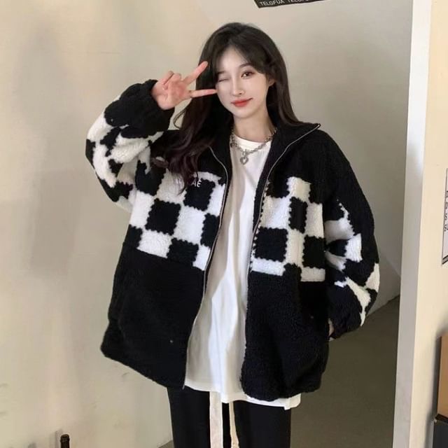 Everose-Plaid Zip-Up Fleece Jacket