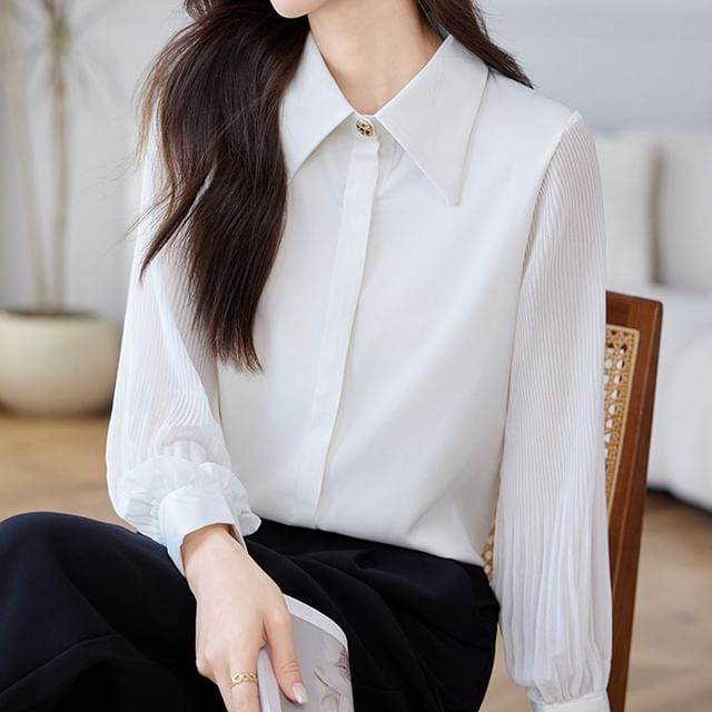 Dragan Pulse-Long Sleeve Peter Pan Collar Plain Pleated Panel Blouse