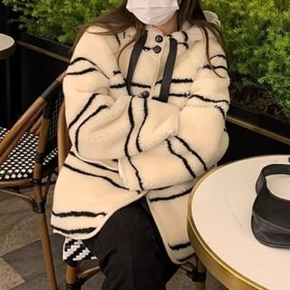 KUMI-Striped Hooded Faux Shearling Single-Breasted Jacket