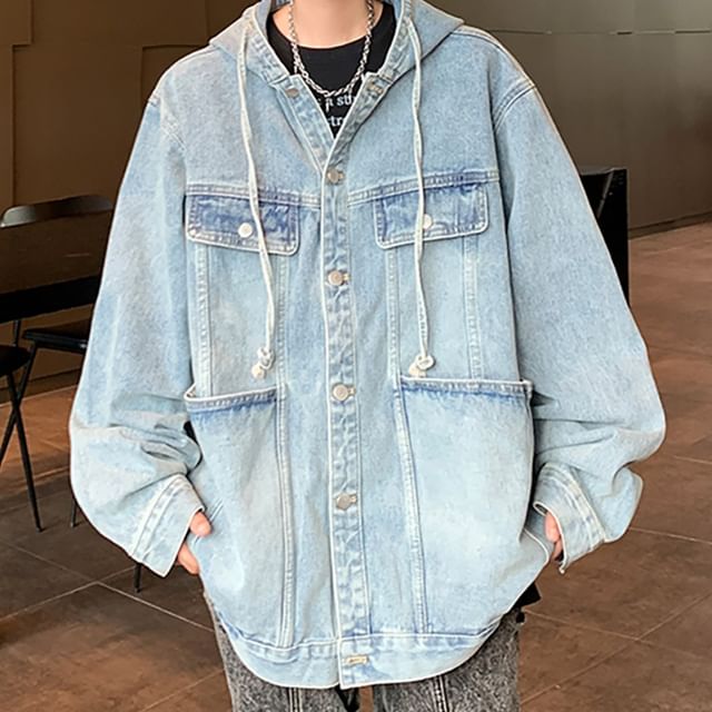 Antaeus-Washed Hooded Button-Up Denim Jacket