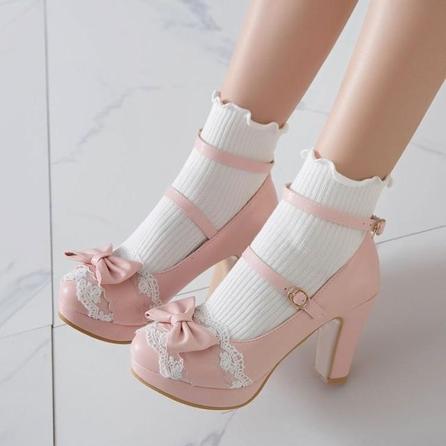 Freesia-Lace Trim Block Heel Platform Mary Jane Shoes