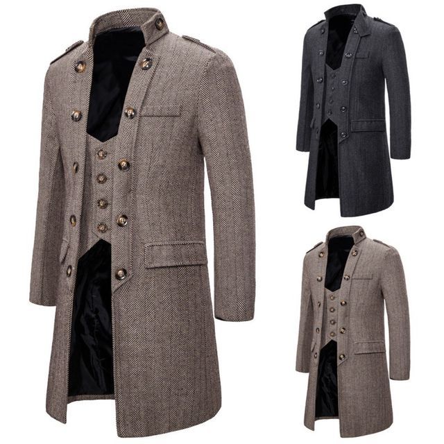 Aozora-Stand Collar Herringbone Mock Two Piece Button Coat