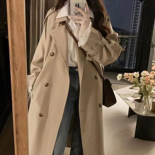 Everose-Collared Plain Midi Double Breasted Trench Coat