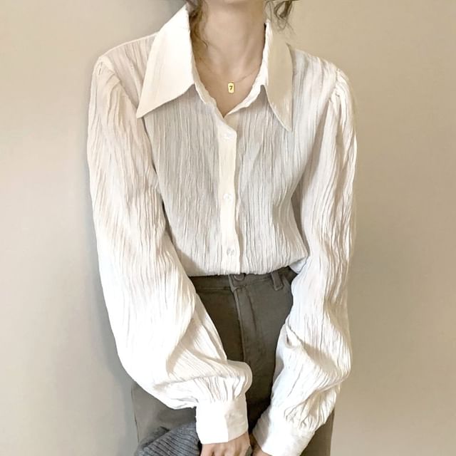 ISSOL-Long-Sleeve Plain Ruched Shirt