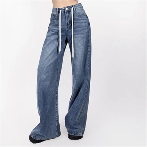 Asiris - High Rise Drawstring Washed Straight-Fit Wide-Leg Jeans