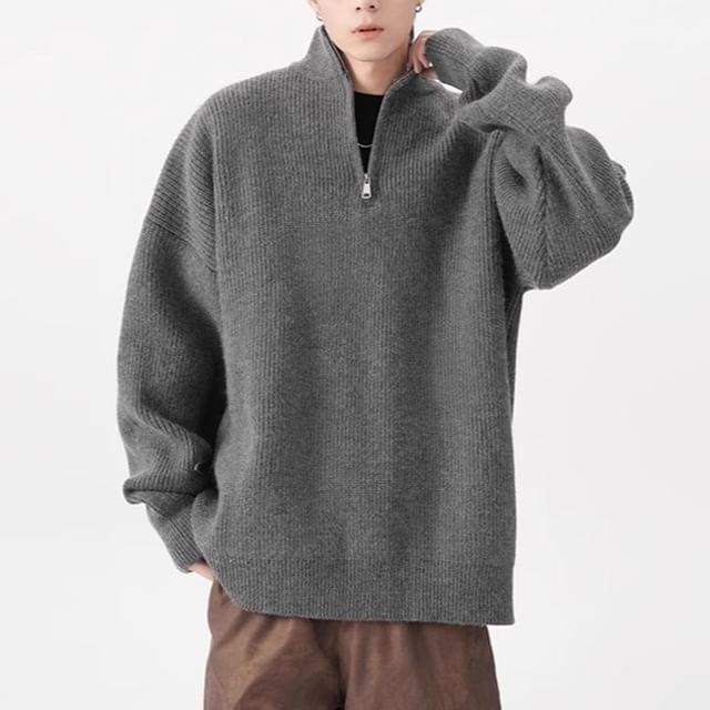 Savenne-Mock Neck Half-Zip Ribbed Sweater