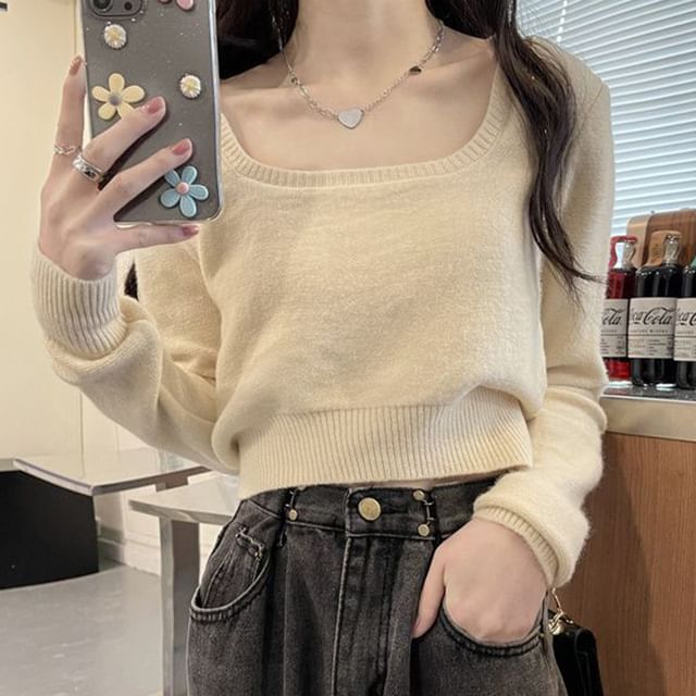 CRIBI-Long-Sleeve Square Neck Plain Crop Knit Top
