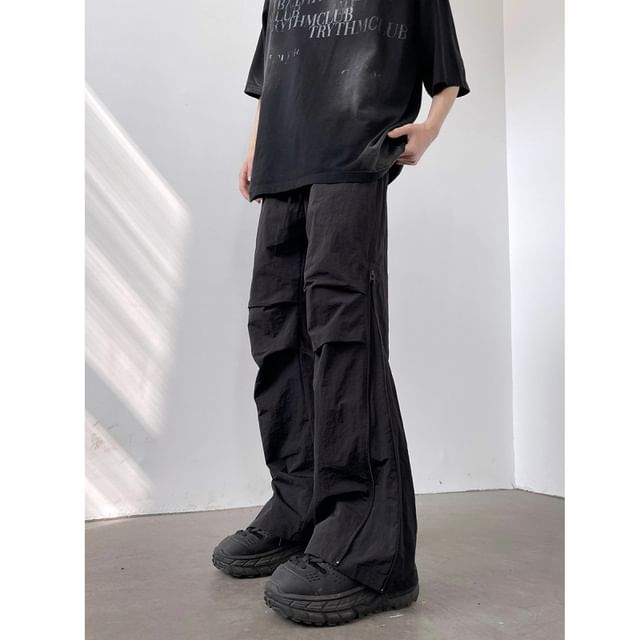 Koiyua-Drawstring Waist Plain Zip Straight Leg Parachute Pants