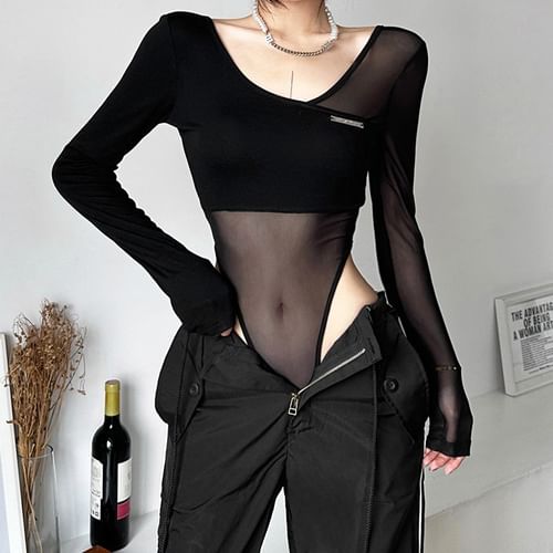 Long-Sleeve V-Neck Plain Panel Mesh Bodysuit Top