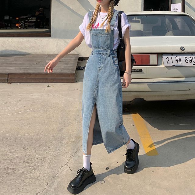 Slit Denim Midi Overall Dress