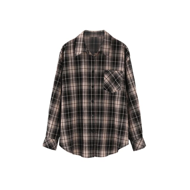 Magimomo-Long Sleeve Collared Plaid Shirt