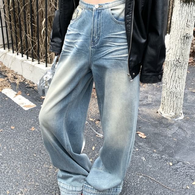 Beem-High Waist Washed Wide Leg Jeans