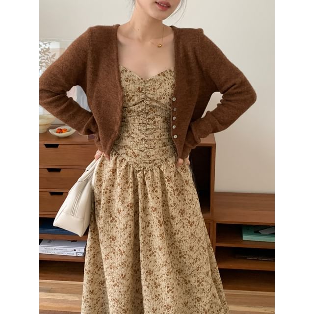brown dress cardigan Wholesale MOQ6 Open Front Long Sleeve Cardigan and Side Slit Cami Dress Set
