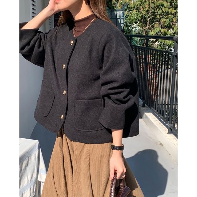 Chubby Girl-Button-Up Plain Woolen Jacket