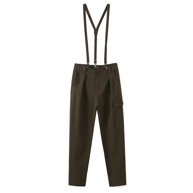 Vysto High Waist Plain Straight Leg Cargo Pants With Suspender YesStyle