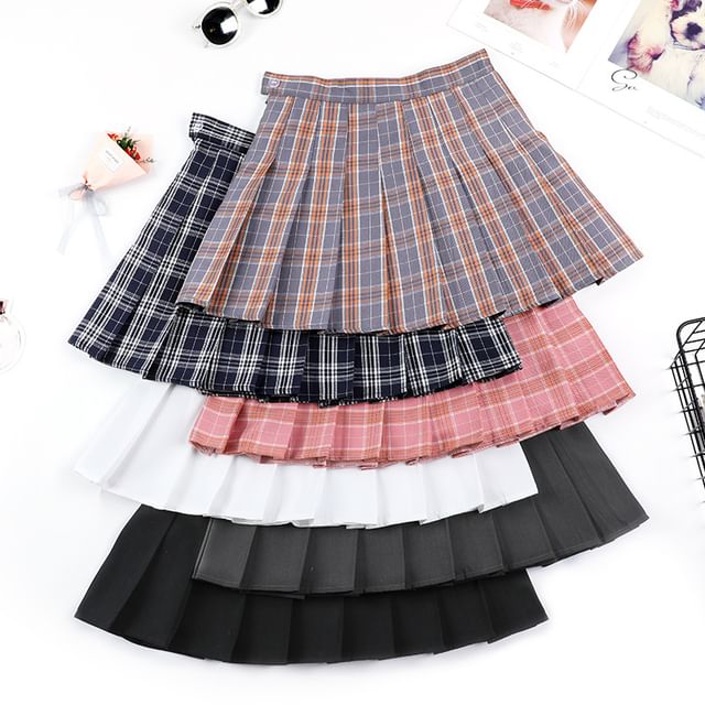 Woohan-High Rise Plaid Mini Pleated Skirt