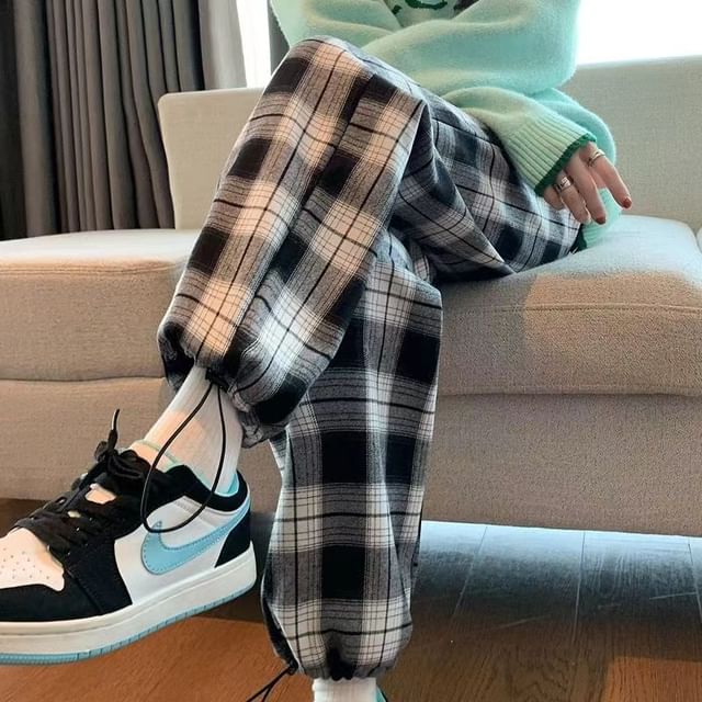 Everose-Elastic Waist Plaid Harem Pants