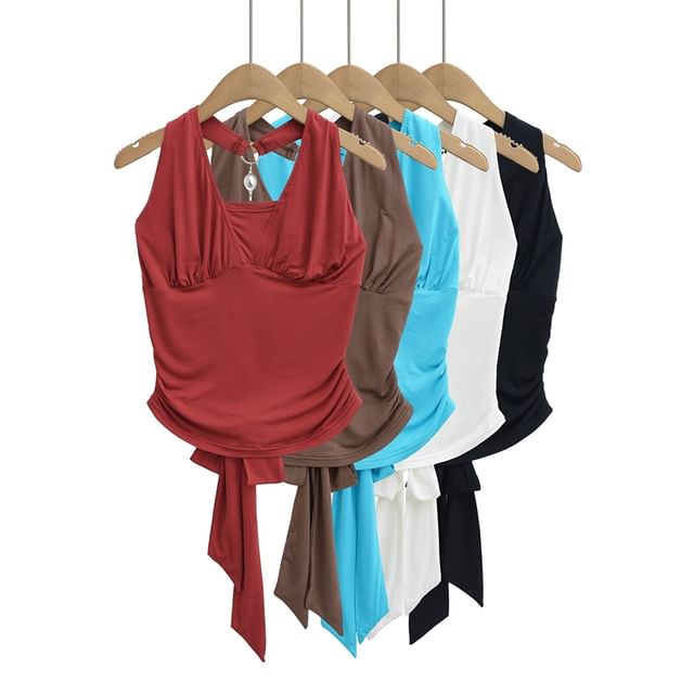 Ulark-Halter Plain Rhinestone Cutout Ruched Top