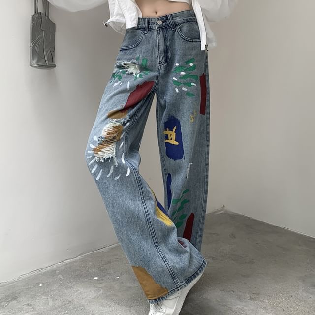 High Waist Graffiti Print Washed Distressed Wide Leg Jeans